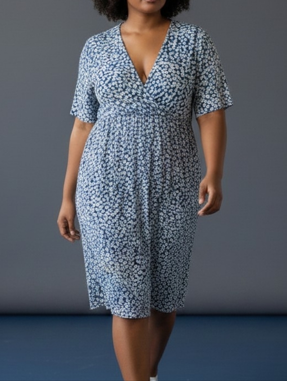 AMZPLUS WOMENS Elegant Blue Floral Midi Dress
